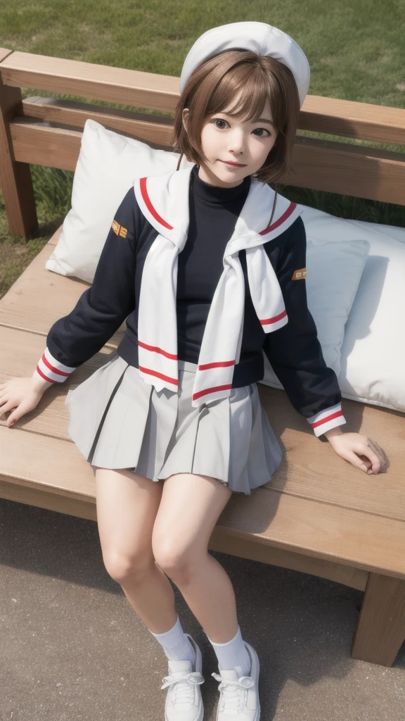 masterpiece, best quality, highres, kinomoto sakura, 1girl, brown hair, short hair, antenna hair, two side up, hair bobbles, green eyes, , white sailor collar, black shirt, long sleeves, white skirt, pleated skirt, sitting, eating, outdoors, bench, food, leaf, (masterpiece, best quality: 1.2),(very detailed face, real image, realistic skin, realistic body, intricate details),1 woman, Kinomoto Sakura, brown hair, alone, skirt, green eyes, Short hair, have, white skirt, white hat, Magic Girl, Antenna hair, laugh, serafuku, pleated skirt, dehisce, looking at viewer, cowboy shot, long sleeves, star (symbol), muffler, lie down in bed with both arms extended above the head and placed behind the pillow, anime girl lying down, expose plump breasts, whole body, plump thighs, Natural Pose, beautifully, cute, Fix errors without any awkwardness, tall, I have long legs, Wearing (tomoeda_초등school_school_Uniform),black top, tennis mini skirt,cry in shame, wearing white ankle socks, random sexy poses