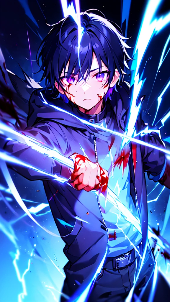 [(BLACK BACKGROUND:1.5),::5], ((((masterpiece)))), high quality, ultra very high resolution, full color, (((solo))), ((little boy)), black hair, ((blue colored inner hair)), ((purple eyes)), anime, ((upper body)), neon light, black parka, (lightning effect:1.2), (Blood effect:1.5)