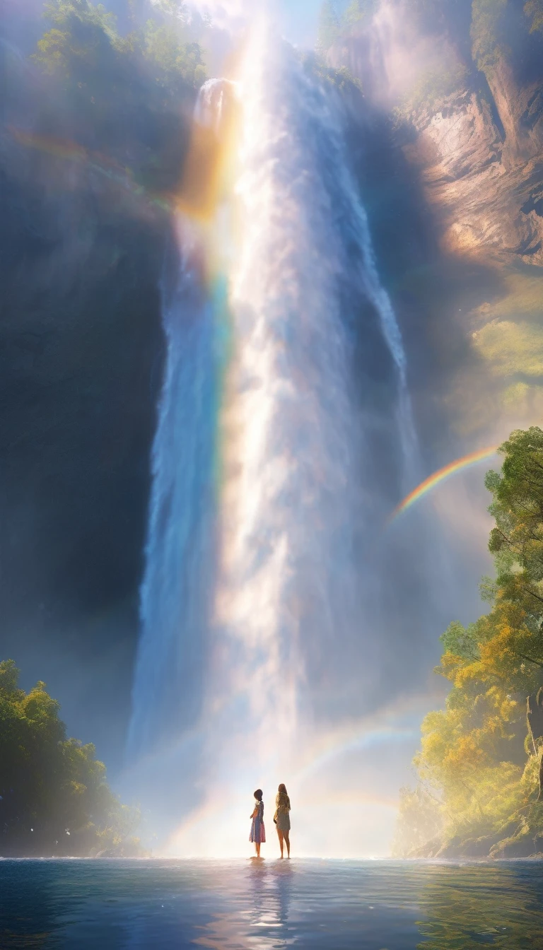 Low angle view,Girl standing in front of huge waterfall looking up,water vapor rising,rainbow,Sun glare spots,realistic raytracing,Real light reflections,Real light refraction,very good,Surreal,Super dreamy,Extreme depiction,8K,masterpiece,