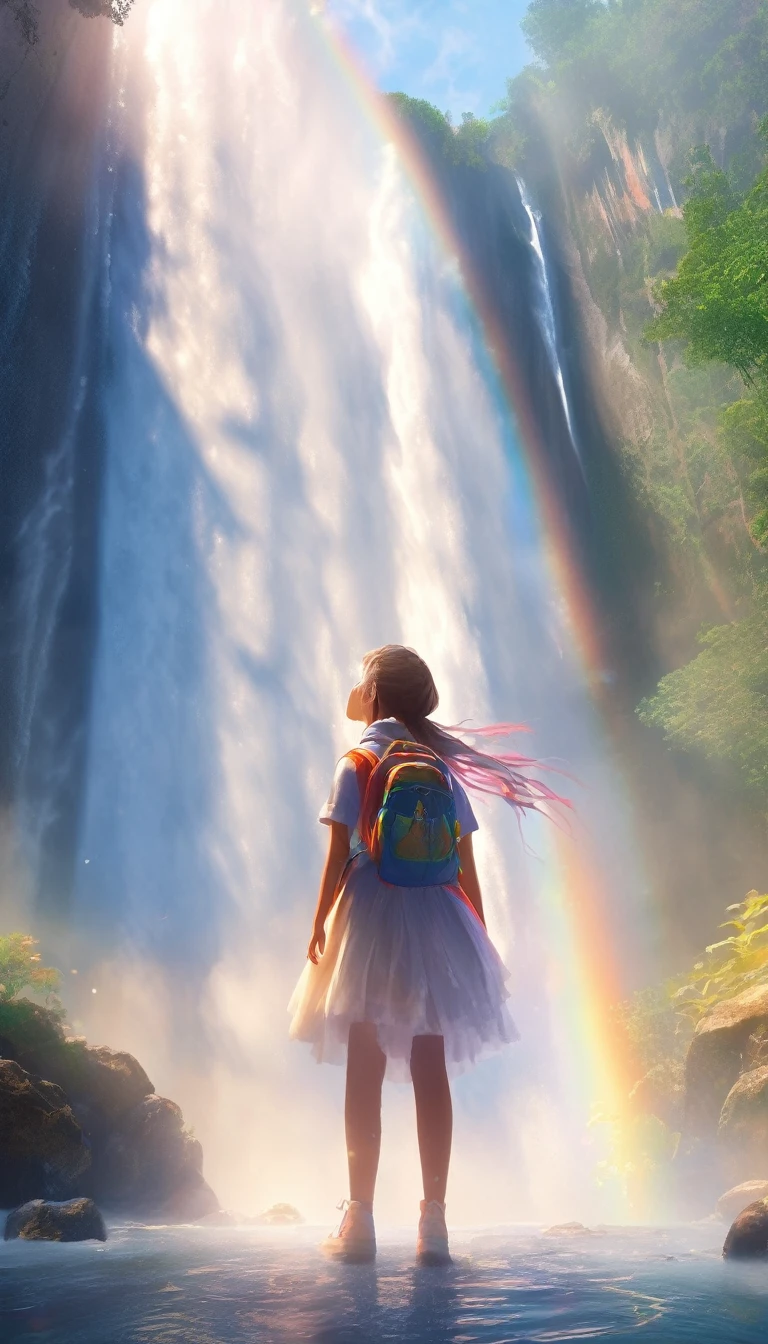 Low angle view,Girl standing in front of huge waterfall looking up,water vapor rising,rainbow,Sun glare spots,realistic raytracing,Real light reflections,Real light refraction,very good,Surreal,Super dreamy,Extreme depiction,8K,masterpiece,