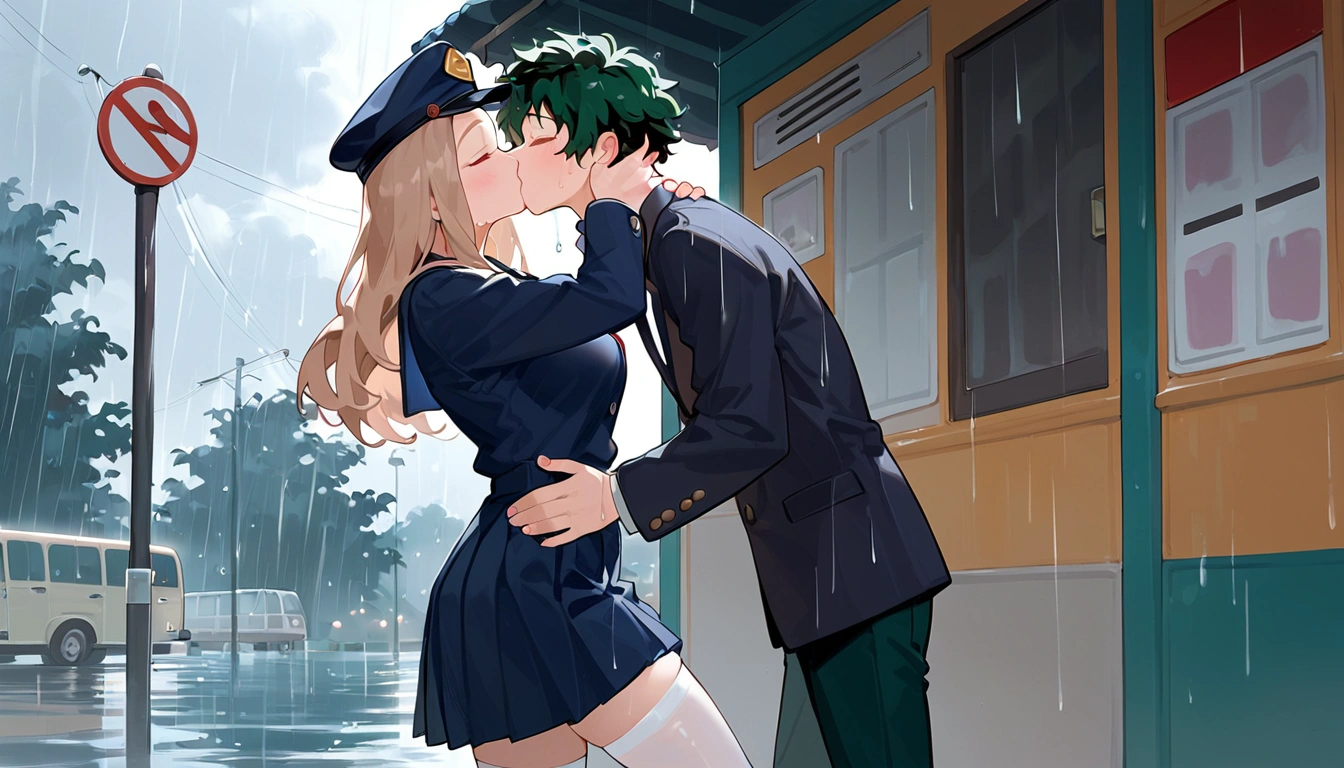 anime artwork, score_9, score_8_up, score_7_up, score_6_up, score_5_up, score_4_up, r,Camie Utsushimi, light brown hair, dark brown eyes,, breasts, , big breasts, (school uniform:1.2), standing, cap, she is 24 years old, wet whirt, ,horny, , , white stockings, style_3, 1boy, Izuku Midoriya, kissing, at the bus stop, outdoors, raining, blush, wet, dark atmoshpere, closed eyes, They are completely soaked, evening, gaps in the clouds, his hands on her hips