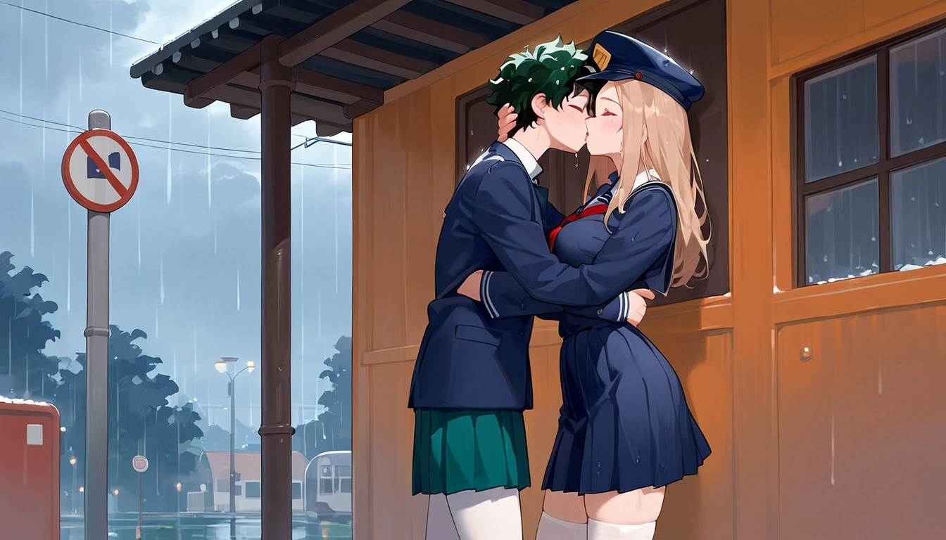 anime artwork, score_9, score_8_up, score_7_up, score_6_up, score_5_up, score_4_up, r,Camie Utsushimi, light brown hair, dark brown eyes,, breasts, , big breasts, (school uniform:1.2), standing, cap, she is 24 years old, wet whirt, ,horny, , , white stockings, style_3, 1boy, Izuku Midoriya, kissing, at the bus stop, outdoors, raining, blush, wet, dark atmoshpere, closed eyes, They are completely soaked, evening, gaps in the clouds, his hands on her hips