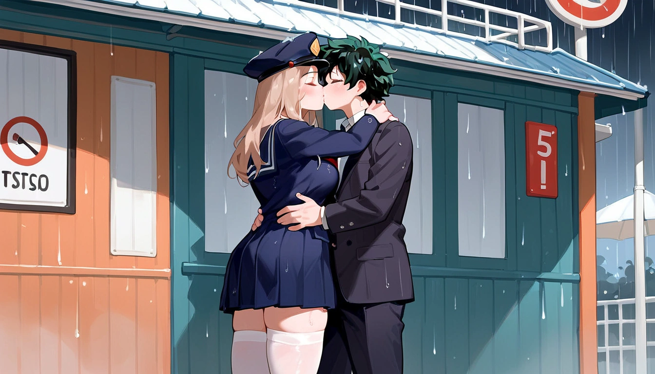 anime artwork, score_9, score_8_up, score_7_up, score_6_up, score_5_up, score_4_up, r,Camie Utsushimi, light brown hair, dark brown eyes,, breasts, , big breasts, (school uniform:1.2), standing, cap, she is 24 years old, wet whirt, ,horny, , , white stockings, style_3, 1boy, Izuku Midoriya, kissing, at the bus stop, outdoors, raining, blush, wet, dark atmoshpere, closed eyes, They are completely soaked, evening, gaps in the clouds, his hands on her hips