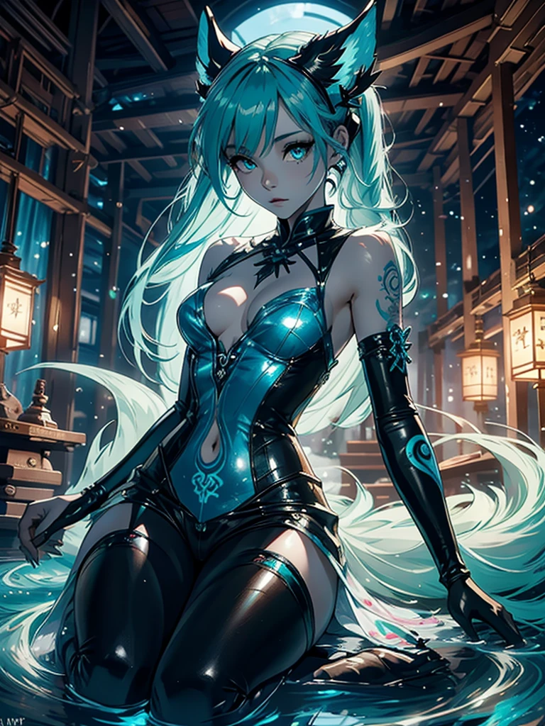 Miku Hatsune x vixen high definition add_detail:1, blue fur,kitsune ears, tribal tattoo add_detail:1, pretty girl add_detail:1,mini feudal priestess clothing add_detail:1, japanese shrine landscape add_detail:1, japanese shrine costume add_detail:1, add_detail:1, full body add_detail, highly detailed face, deep aqua iris add_detail:1