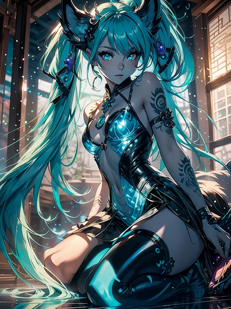 Miku Hatsune x vixen high definition add_detail:1, blue fur,kitsune ears, tribal tattoo add_detail:1, pretty girl add_detail:1,mini feudal priestess clothing add_detail:1, japanese shrine landscape add_detail:1, japanese shrine costume add_detail:1, add_detail:1, full body add_detail, highly detailed face, deep aqua iris add_detail:1