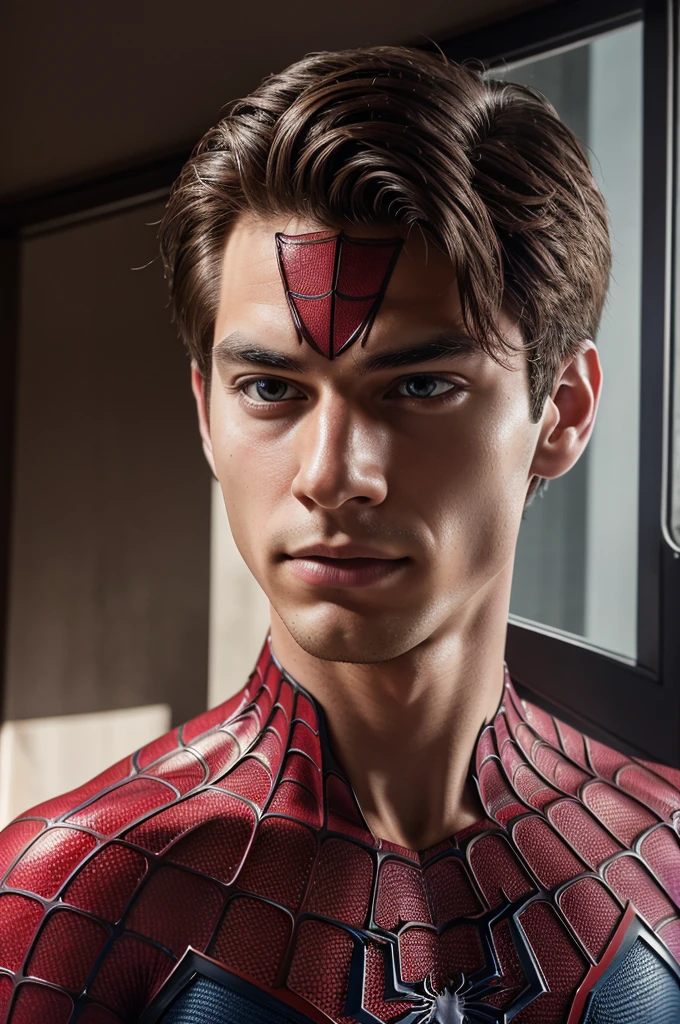 A photograph of spider man, no mask, 20 yo, handsome, detailed face, looking at camera, portrait, 8k uhd, high quality