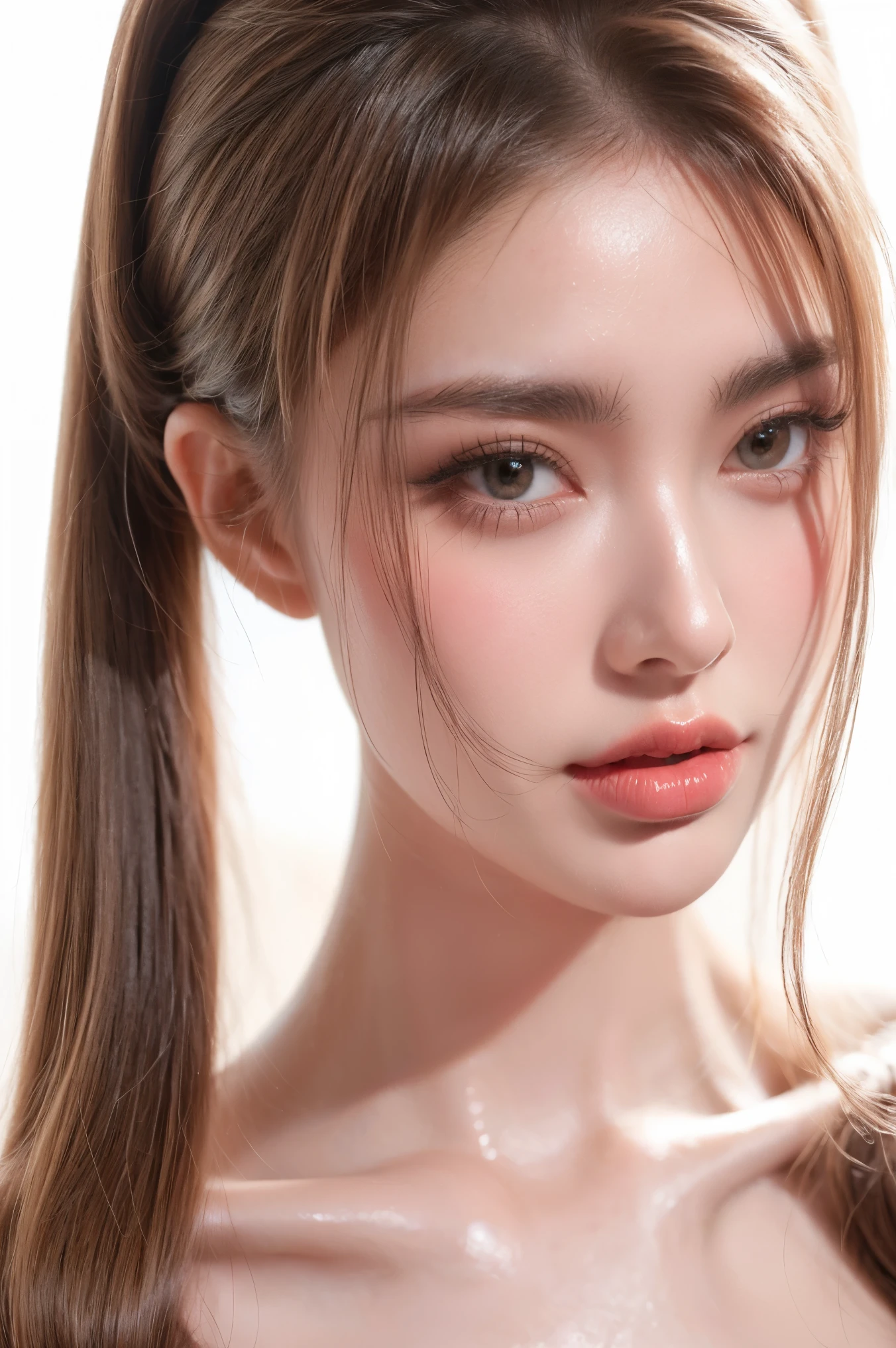 1girl sexy face, solo, twintail hair, blonde hair, white background, realistic, lips, eyelashes,