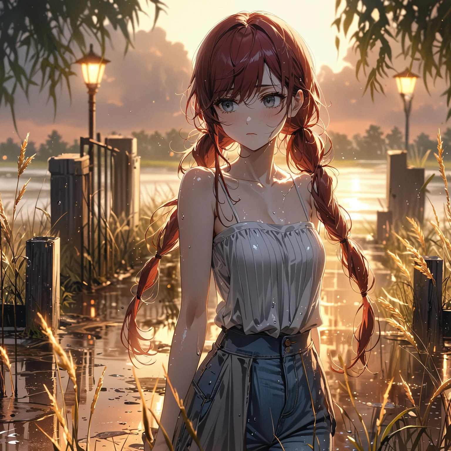 Highest quality, masterpiece, light particles l, somber mood. Stoic, thin, Young woman with dark red hair in low twin tails, swept bangs, gray eyes, walking, after storm, puddles, reflective water, strapless white shirt, jeans, tall weeds, hair blowing in wind, dusk