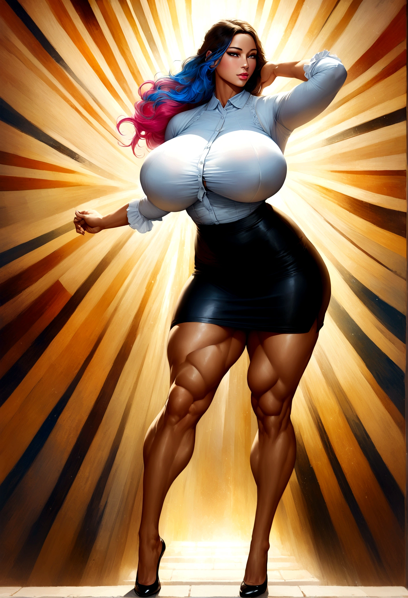 gigantic voluptuous breasts, 18yo, slim waist, full body, toned, bosom, abstract art, vivid hair, pencil skirt, blouse, light rays, god rays, muscular, realistic, breasts