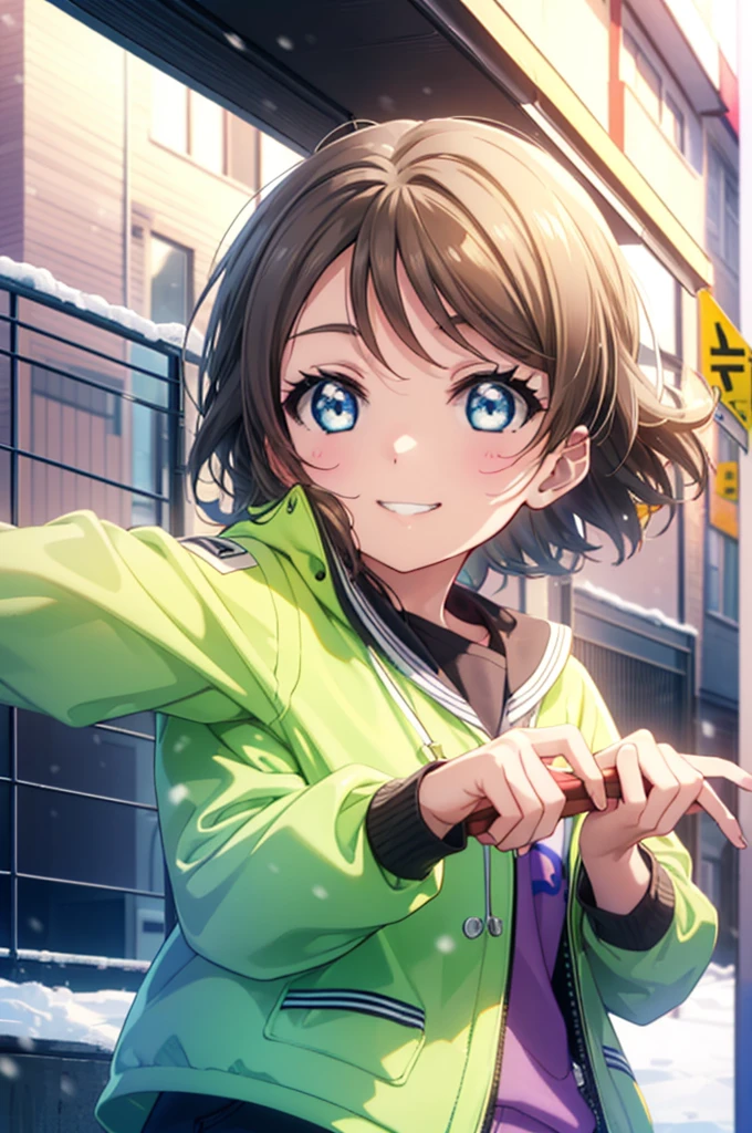 Yo Watanabe, Watanabe Yo, short hair, blue eyes, Brown Hair, smile, Grin,Yellow Wear、Outerwear is blue、Red trousers),One Girl,small ,1 、smile,()、(((Gliding from the summit)))、Ski resort on a sunny day、snow board、(((女の子が坂道をsnow boardで下っている)))(((snow boardを着る)))、whole bodyがイラストに入る,
break ourdoors, Snow Mountain,
break looking at viewer, whole body,
break (masterpiece:1.2), Highest quality, High resolution, unity 8k wallpaper, (figure:0.8), (Beautiful attention to detail:1.6), Highly detailed face, Perfect lighting, Highly detailed CG, (Perfect hands, Perfect Anatomy),