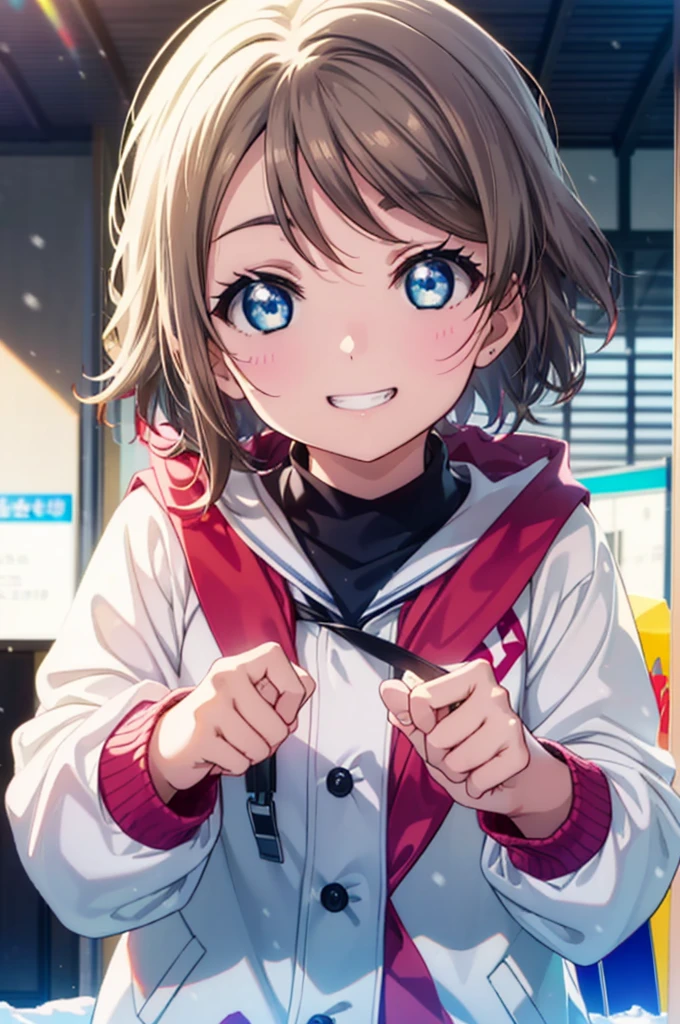 Yo Watanabe, Watanabe Yo, short hair, blue eyes, Brown Hair, smile, Grin,Yellow Wear、Outerwear is blue、Red trousers),One Girl,small ,1 、smile,()、(((Gliding from the summit)))、Ski resort on a sunny day、snow board、(((が坂道をsnow boardで下っている)))(((snow boardを着る)))、whole bodyがイラストに入る,
break ourdoors, Snow Mountain,
break looking at viewer, whole body,
break (masterpiece:1.2), Highest quality, High resolution, unity 8k wallpaper, (figure:0.8), (Beautiful attention to detail:1.6), Highly detailed face, Perfect lighting, Highly detailed CG, (Perfect hands, Perfect Anatomy),