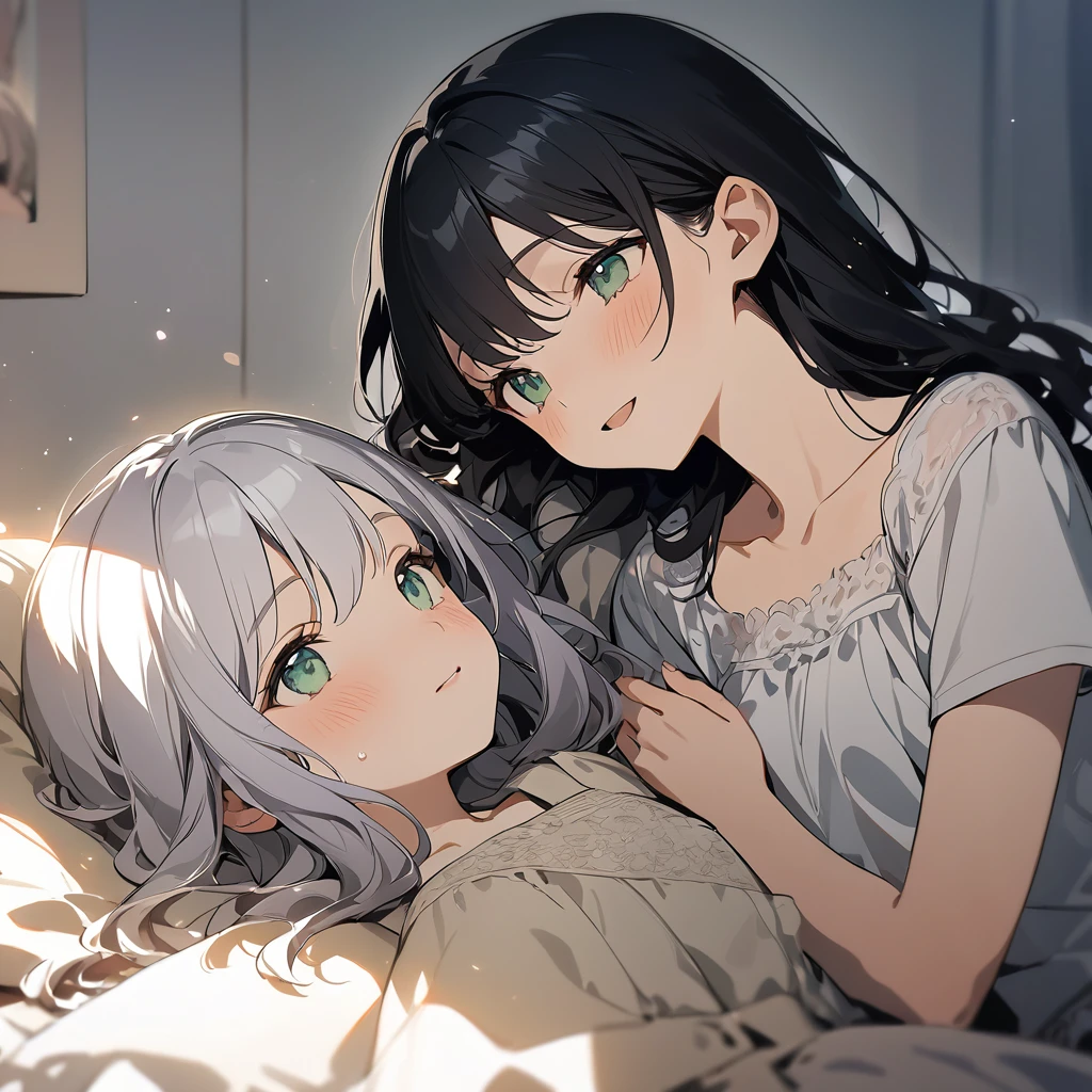 (Cute two girls:1.5),
(masterpiece:1.3), anime visual, (tilt head:1.3), extremely delicate face, realistic lighting and shading, (an extremely delicate and beautiful art:1.3), (muted colors:1.1), The sisters are sleeping in the same bed, the white-haired older sister is sleeping on her back, the lavender-haired, green-eyed younger sister is smiling with her pillow on her older sister's chest.