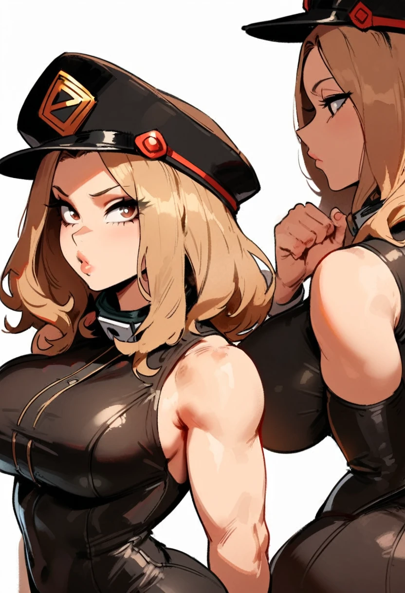 1girl, utsushimi kemii, boku no hero academia \\\\\ masterpiece, best quality, very aesthetic, absurdres, newest \\\\\\ slim body,///// by dodok,by nyantcha,cutesexyrobutts , by khyle,,////// beautiful face, light brown hair ,plump and glossy lips, . , , dark brown eyes,, cap, black catsuit . She wears white cuffs around her wrists,,standing, white background, (rear view:1.2), ass view,big tits, hands in fists