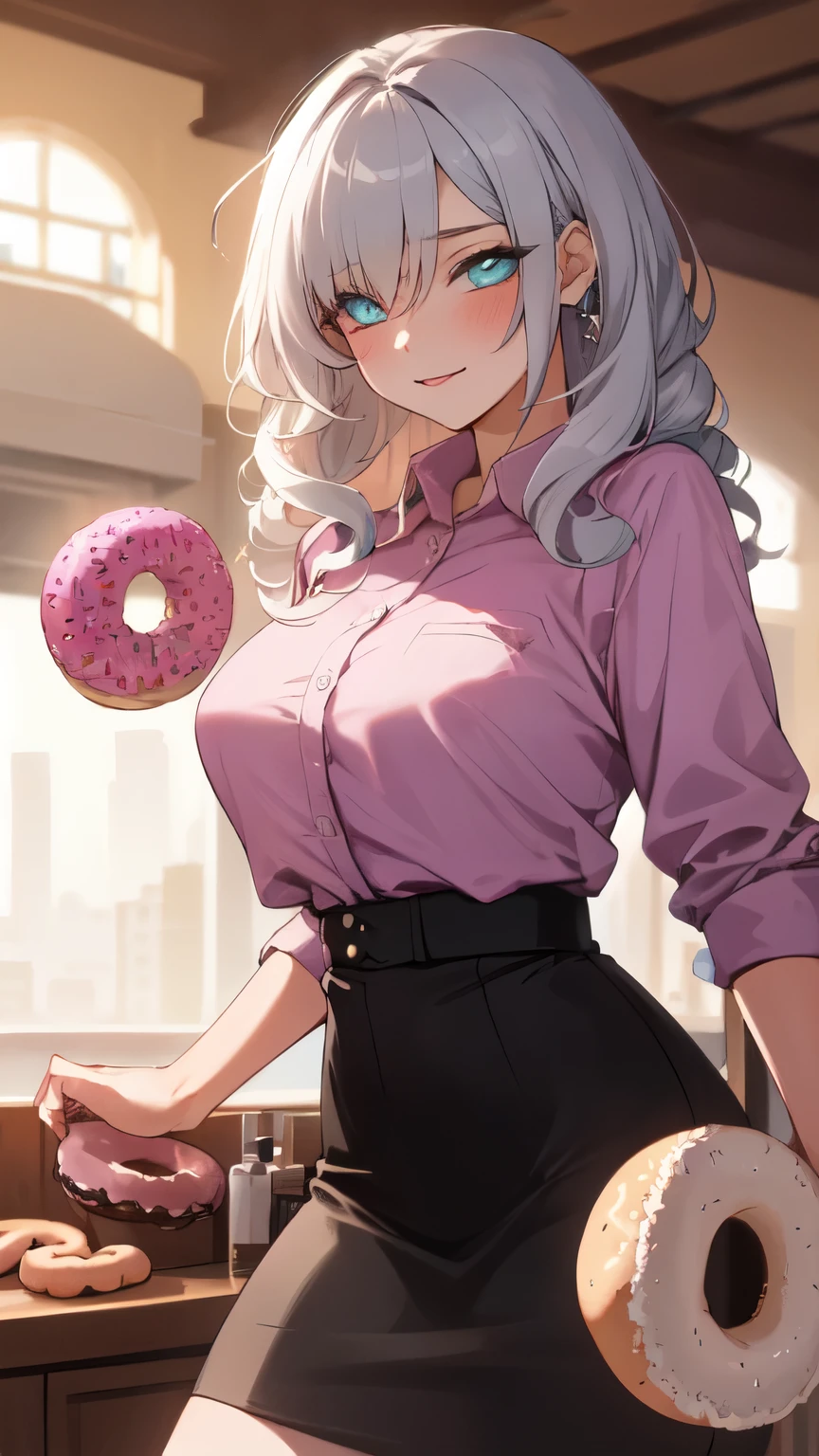 A young lady surrounded by hundreds of different kinds of donuts, squashed in fluffy cushions, colorful, detailed eyes of the young lady, fashionable patchwork shirt and skirt, curly hair style