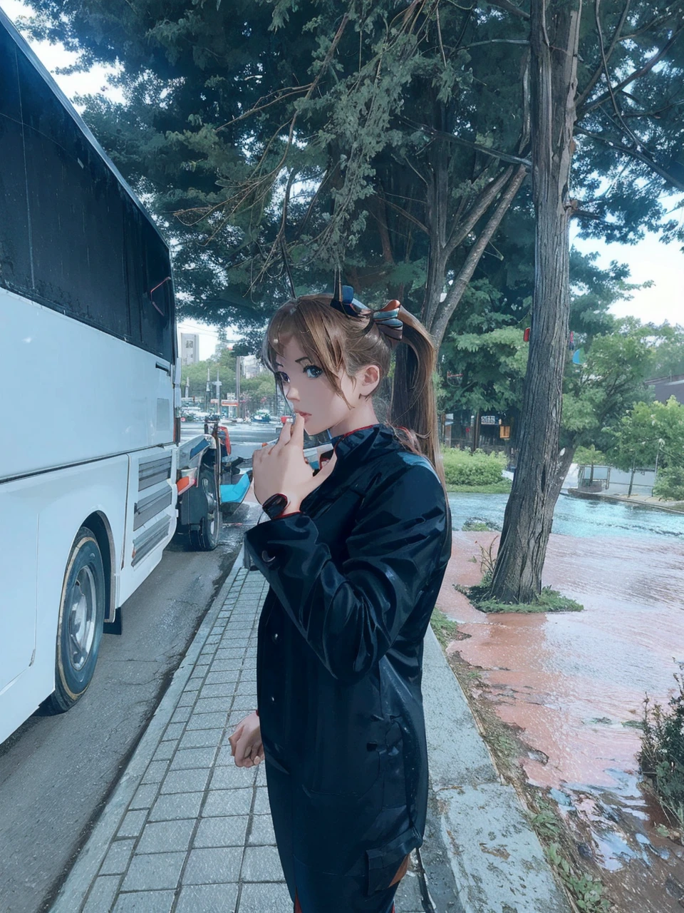 best quality, masterpiece, realistic, photorealistic, 1girl, solo, looking at viewer, full body, standing, long hair, asuka cosplay costume, cosplay, plugsuit, bodysuit, hair ornament, detailed background, in street, night, light, rain,