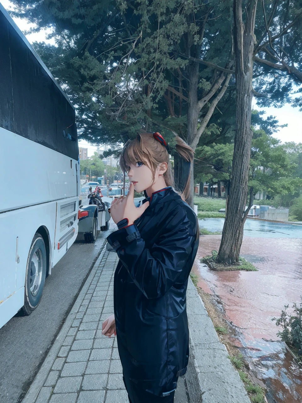 best quality, masterpiece, realistic, photorealistic, 1girl, solo, looking at viewer, full body, standing, long hair, asuka cosplay costume, cosplay, plugsuit, bodysuit, hair ornament, detailed background, in street, night, light, rain, 