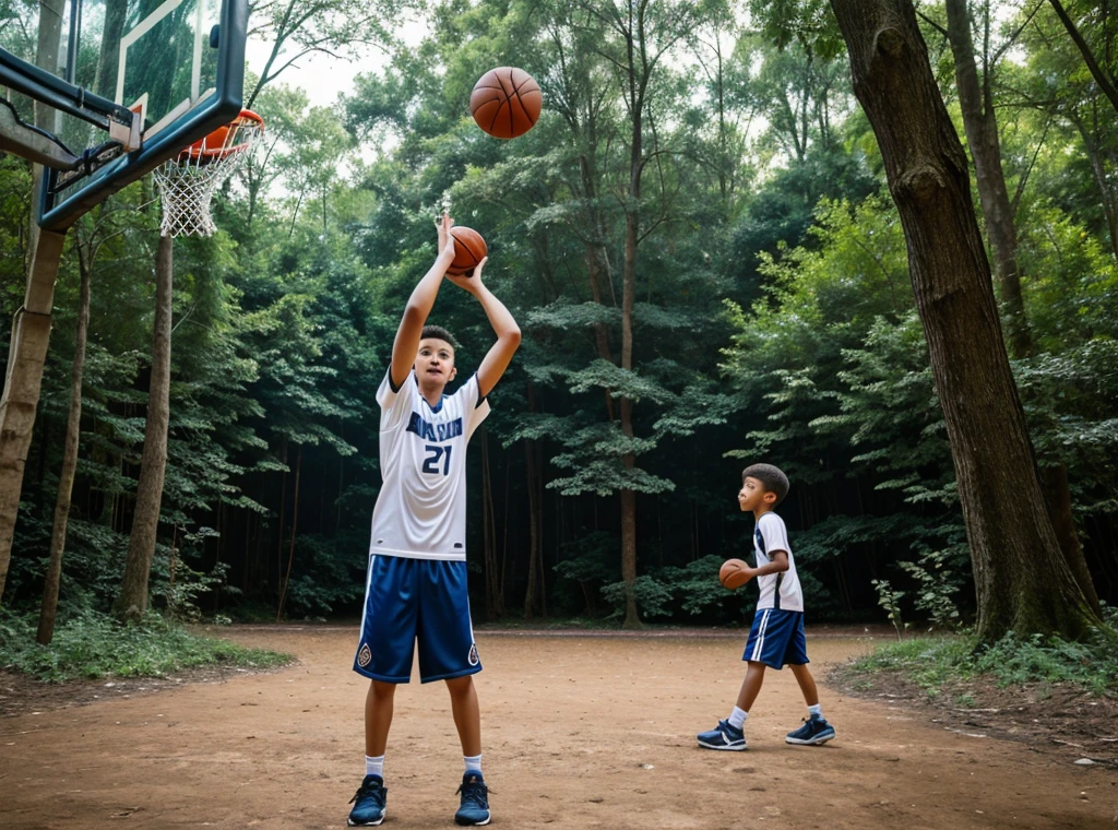 A boy playing basketball in forest