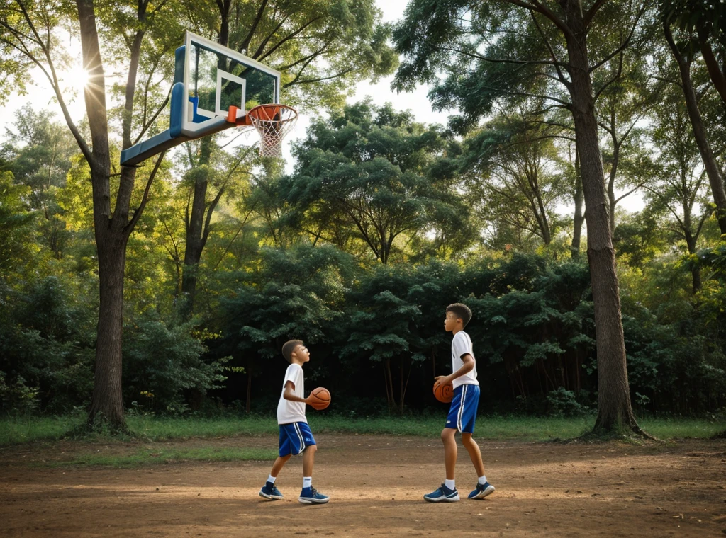 A boy playing basketball in forest