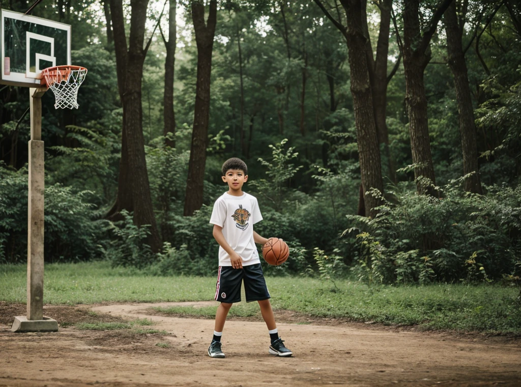 A boy playing basketball in forest