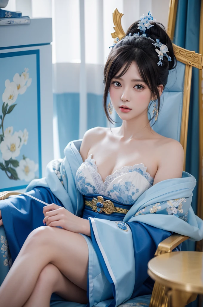 Anime style images,Woman on the throne,Surrounded by blue and white decoration, 石涛的Concept Art, CG Social Trends, Concept Art, Genshin Impact impact character, keqing from Genshin Impact impact, 2. 5D CGI anime fantasy artwork, Onmyoji detailed art, Genshin Impact impact, Genshin Impact, Hot topics on artstation pixiv,Happy