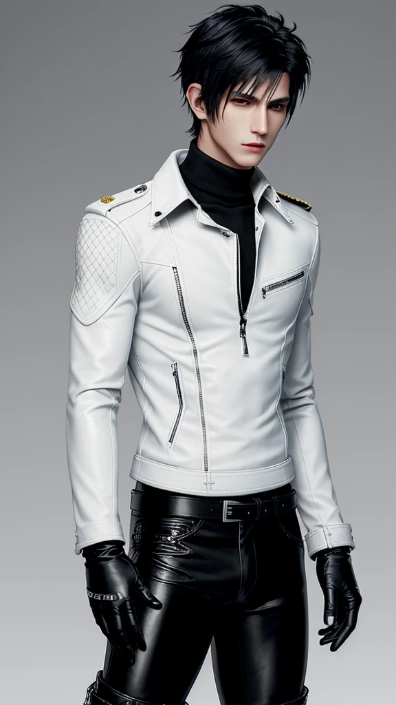 Final fantasy taste and reality graphics, Japanese young cute and cool ikemen boy, his age is early 20s, thin eyebrows and beady eyes, he wearing off white color leather thick singlebrest biker jacket, with epaulet, must close the front of the leather jacket, jacket is biker style, , jacket collar is high length stand-up collar with belts, jacket is a little black line pattern,close the front of the jacket, also wearing black thick turtleneck lackluster shirts, tight black leather pants, shiny black leather tight and thin glove, black leather knee-high raceup boots,must views head-to-toe,must views whole body, boy looks like fashion model,Do not show skin from the neck down,leather jacket leather glove and leather pants have few wrinkles,boy in the room,