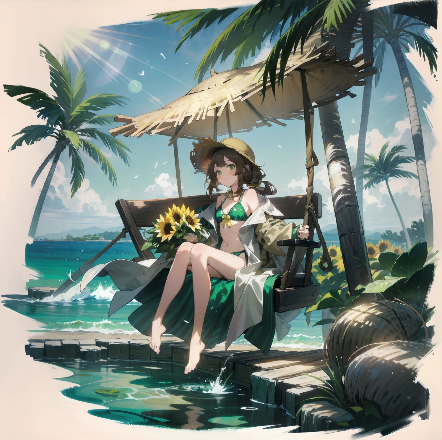 [(White background:1.15), ::2]solitary, Medium shot, whole body，Little people，High Saturation，Brown flowing ponytail，Wear a golden bow around your neck， Green themed swimsuit，Bikini，Green Eyes，blush，Smile，Sunlight，ocean滩，coconut tree，sunflower🌻，water，ocean，Sitting on the swing，A bouquet of flowers，Very gorgeous，wet，（straw hat），（White open-front flowing trench coat），（（Brown hair））