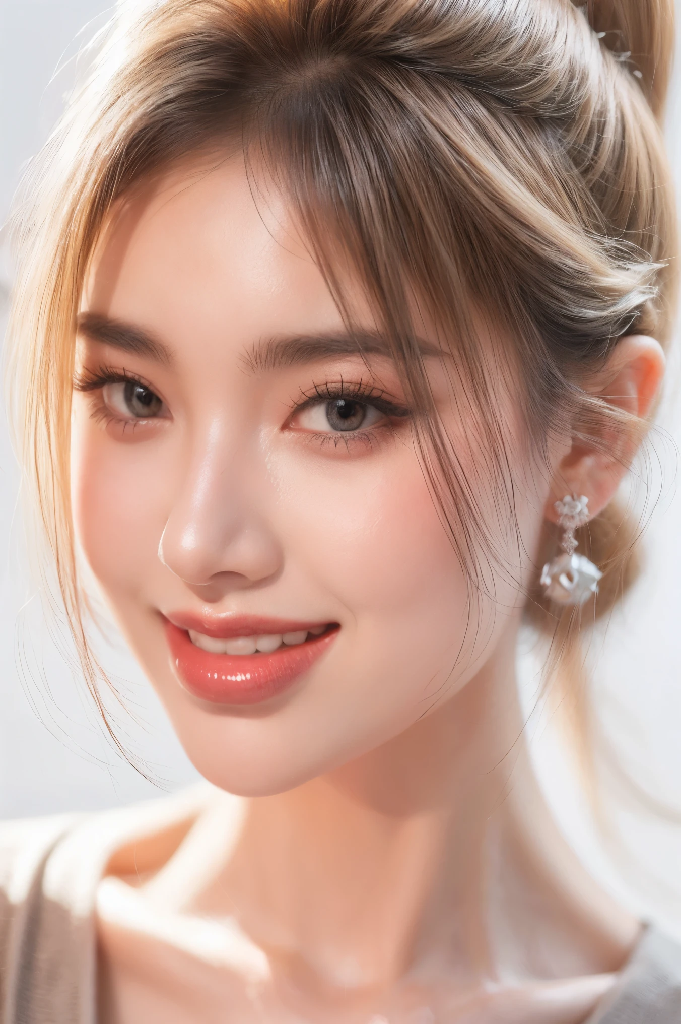 1girl smile face, solo, twintail hair, blonde hair, white background, realistic, lips, eyelashes,