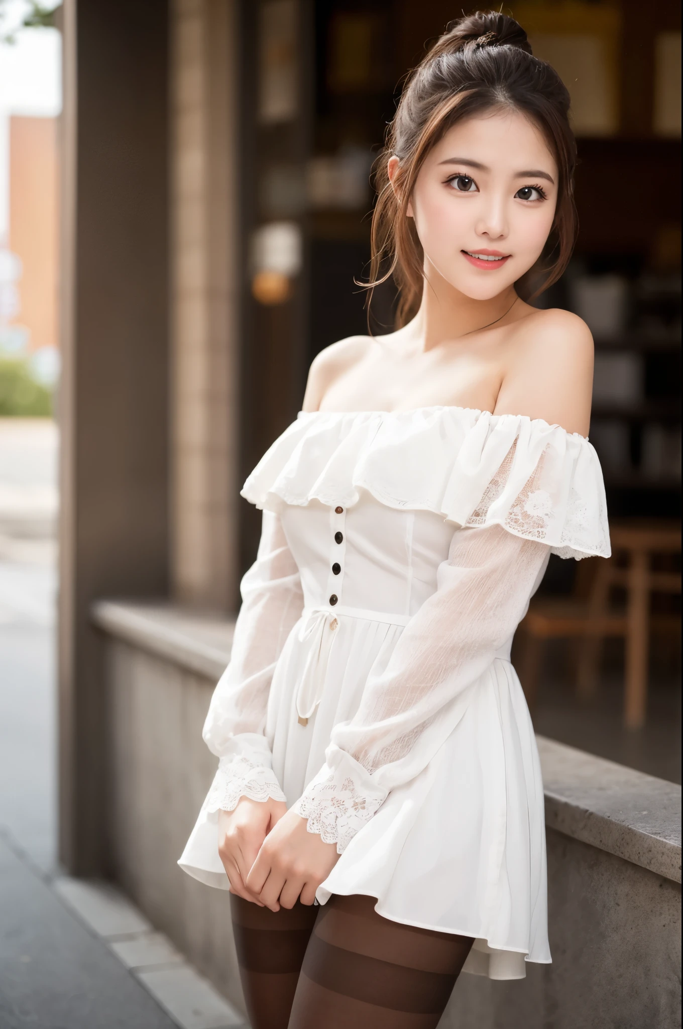 (((masterpiece))), (((Highest quality: 1.4))), ((Very detailed: 1.4)) , ulzzang-6500-v1.1, (RAW Photos:1.2), (Photorealistic), (Genuine:1.4), Sharp focus、Shot from the side、Perfect dynamic composition, Beautiful attention to detail, タレ目cute、ponytail,Small breasts Natural color Lips, Bold sexy pose,smile,Harajuku、20-year-old girl、cute、sexy shot looking at camera、(Off-the-shoulder dress)、(Ultra-realistic pantyhose:1.3), Realistic skin texture、Glowing Skin、Exposed thighs!!!