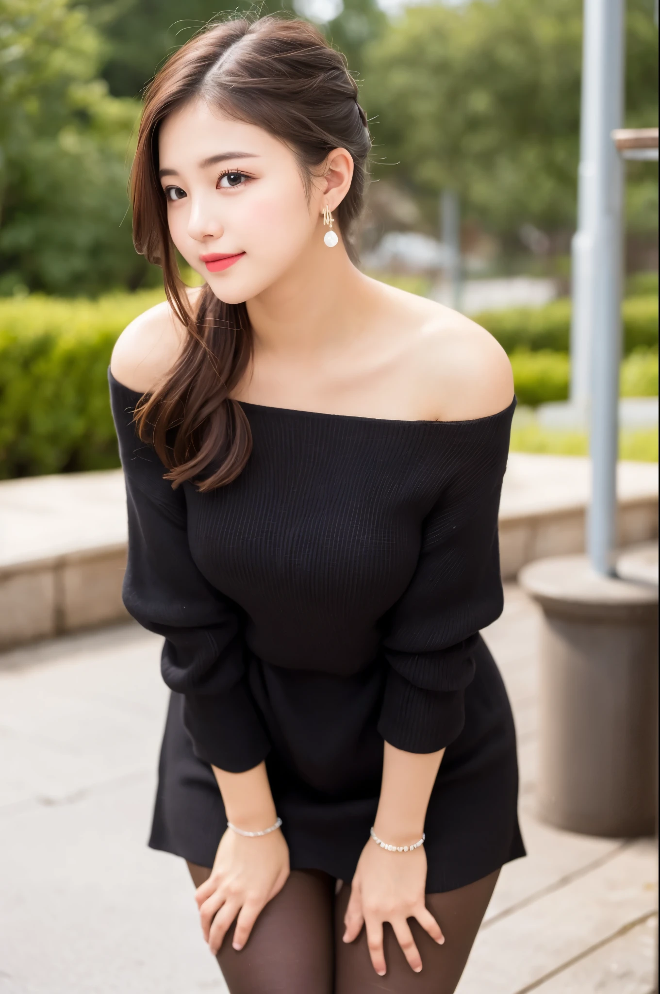 (((masterpiece))), (((Highest quality: 1.4))), ((Very detailed: 1.4)) , ulzzang-6500-v1.1, (RAW Photos:1.2), (Photorealistic), (Genuine:1.4), Sharp focus、Shot from the side、Perfect dynamic composition, Beautiful attention to detail, タレ目cute、ponytail,Small breasts Natural color Lips, Bold pose,smile,Harajuku、20-year-old girl、cute、sexyt looking at camera、(Off-the-shoulder dress)、(Ultra-realistic pantyhose:1.3), Realistic skin texture、Glowing Skin、Exposed thighs!!!