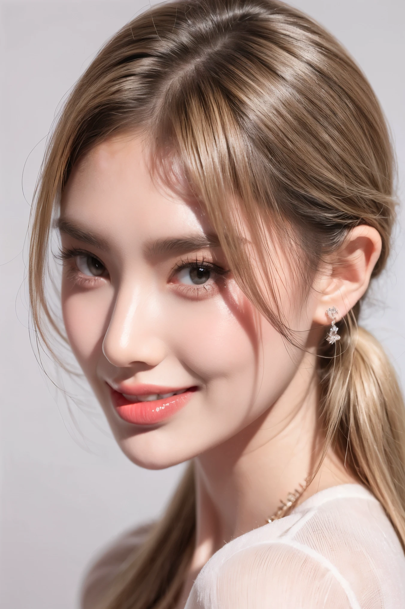 1girl smile face, white teeth, solo, twintail hair, blonde hair, white background, realistic, lips, eyelashes,