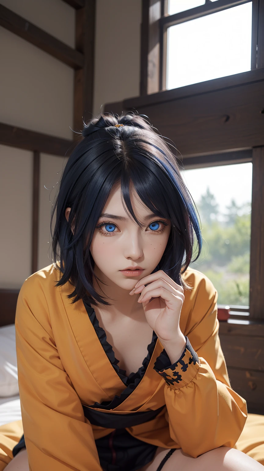 woman, woman, short hair, hair ornament, blue hair, legs , sitting on the bed , small, panties, bra, Sexual тело , underwear, Sexual , bra, panties, one flower, hair цветок, (orange eyes:1.2), (labret piercing:1.2), eyeshadow, (Akatsuki uniform:1.5), Akatsuki \(naruto\),BREAK (masterpiece:1.2), Best quality, A high resolution, unity 8k wallpaper, (illustration:0.8), (beautiful detailed eyes:1.6), very detailed face, perfect lighting, extremely detailed computer graphics, (perfect hands, Ideal Anatomy),