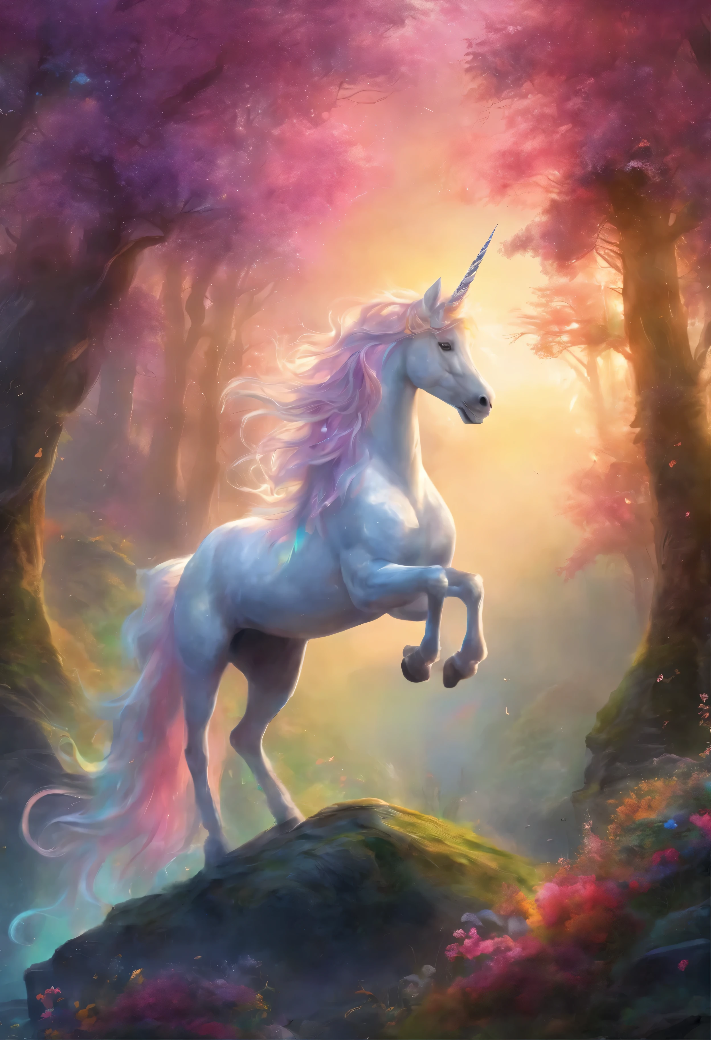 Fantasy rainbow unicorn，Front view，fantasy forest background，mist，Detailed depiction，Rich details，Surreal主义，Surreal，masterpiece，8K，Light