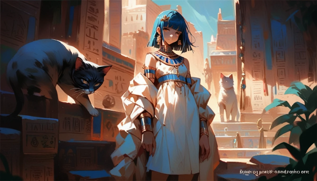 1girl，Artist Name，Egyptian cat，Blue Hair，skin，Keep your mouth shut，Wear，whole body，solo，Standing，Cat&#39;s Tail，埃及Catwoman神, bet, Wearing golden cat armor, Catwoman, Egyptian God, Neferibido, anime Catwoman, Hieroglyphics, Hieroglyphicsics, Pharaoh, Catwoman, Sora is a cat, tabaxi, Cat from the void