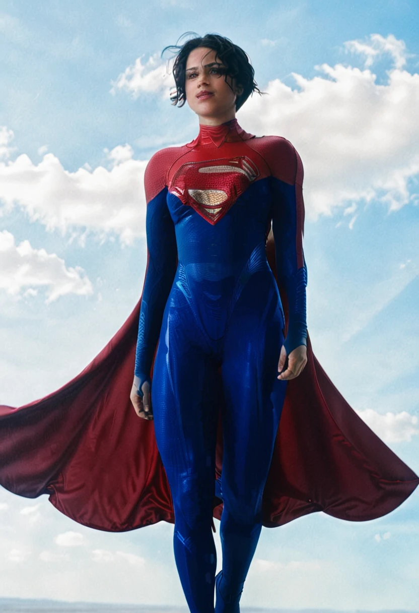 photo of supergirl, short hair, bodysuit, cape, outdoors sunny day, up in the sky, flying towards the camera, background sky, analog style (look at viewer:1.2) (skin texture), Fujifilm XT3, DSLR, 50mm 