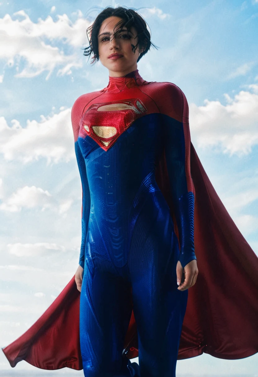 photo of supergirl, short hair, bodysuit, cape, outdoors sunny day, up in the sky, flying towards the camera, background sky, analog style (look at viewer:1.2) (skin texture), Fujifilm XT3, DSLR, 50mm 