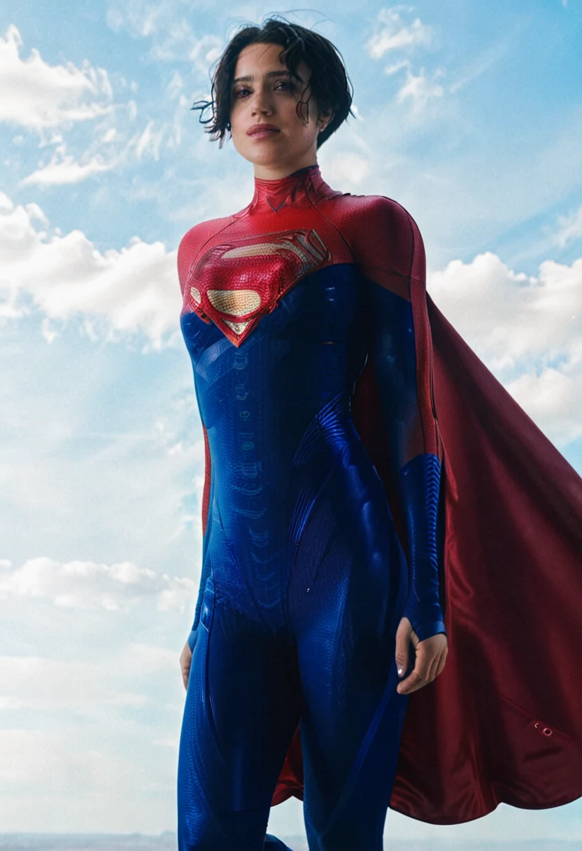 photo of supergirl, short hair, bodysuit, cape, outdoors sunny day, up in the sky, flying towards the camera, background sky, analog style (look at viewer:1.2) (skin texture), Fujifilm XT3, DSLR, 50mm 