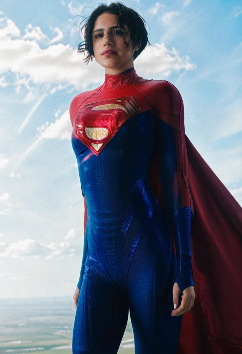 photo of supergirl, short hair, bodysuit, cape, outdoors sunny day, up in the sky, flying towards the camera, background sky, analog style (look at viewer:1.2) (skin texture), Fujifilm XT3, DSLR, 50mm 