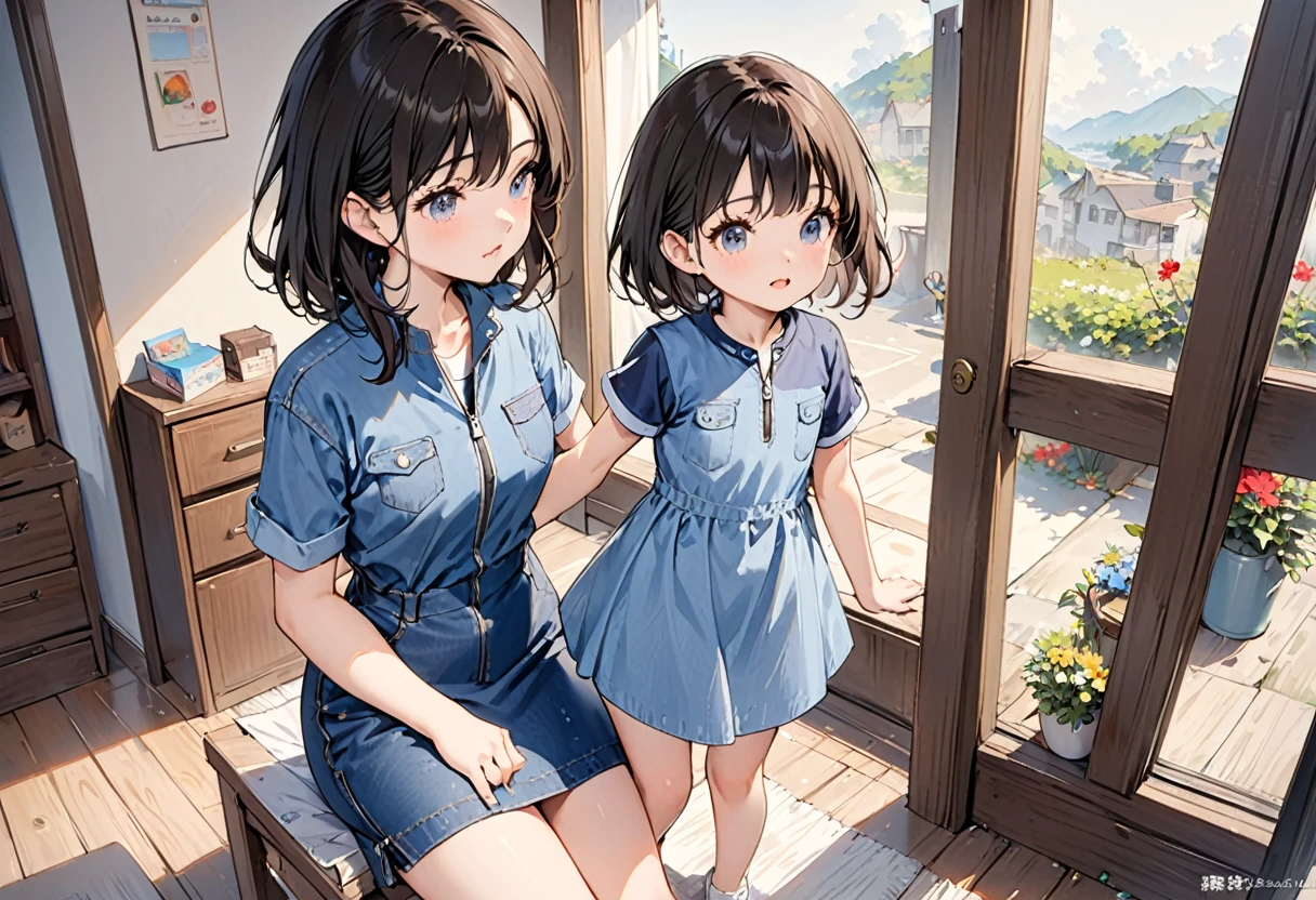 (child),(masterpiece,Highest Quality),(denim zip up dress:1.4),pencil skirts,shortsleeves,A dark-haired