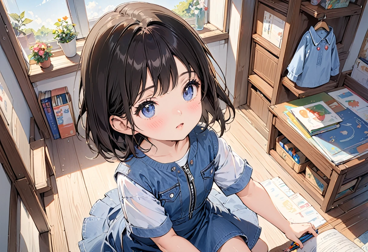 (child),(masterpiece,Highest Quality),(denim zip up dress:1.4),pencil skirts,shortsleeves,A dark-haired