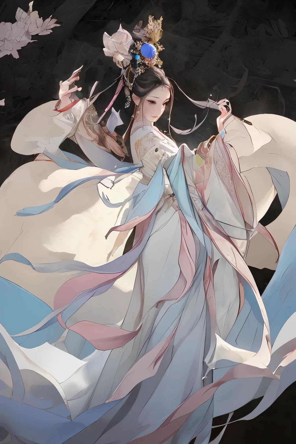 Title: "A Moment of Enchantment - The Enigmatic Maiden" (Dhnh, Solo 1 Girl)
In the captivating scene, a solitary girl stands amidst a vivid array of ethereal flowers, her silhouette sharply defined against the backdrop of a peaceful solitude. Clad in traditional Hanfu, her long sleeves flow wide, adorned with intricate embroidery that shimmers under the soft, delicate caustic light. Her black hair, adorned with hair accessories and flowers, is styled in a high bun, with a few strands cascading to frame her face.
With her mouth slightly part