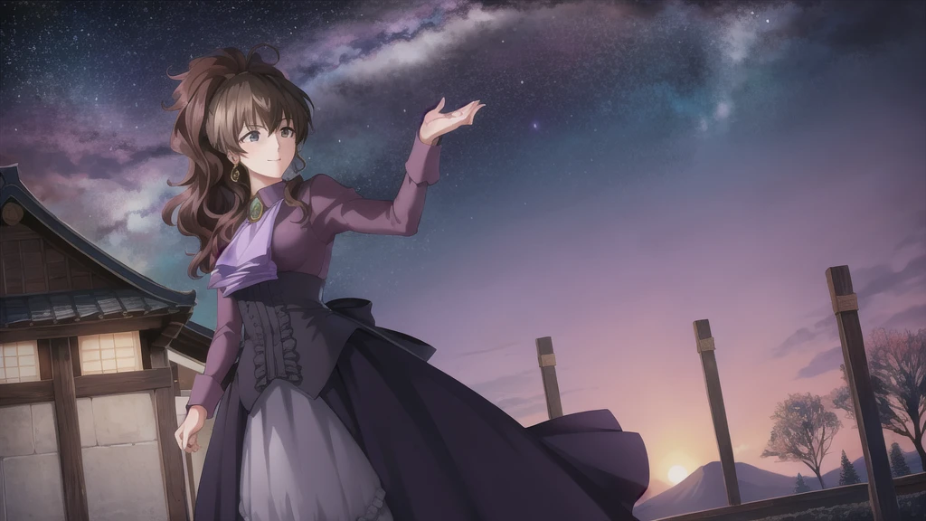 (masterpiece),(Highest quality), Ushiromiya Natsuhi, Long dress, Violet Dress,  Side Ponytail, Earrings, Purple Shirt,  Ascot, brooch, corset, Ankle boots,  stage, Japanese Temples, Mountain, forest, (night), Looking at the audience, milky way,  