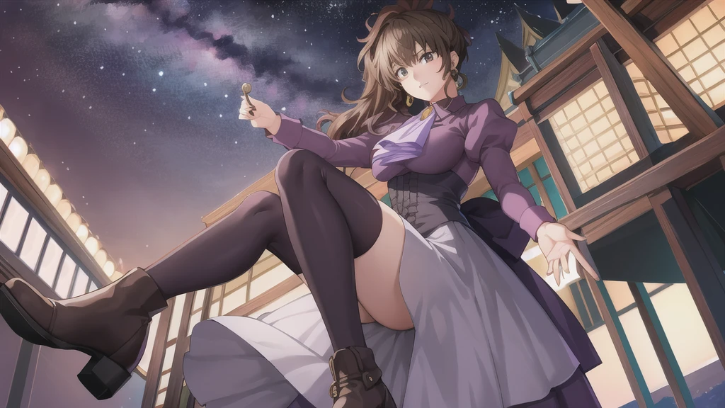 (masterpiece),(Highest quality), Ushiromiya Natsuhi, Long dress, Violet Dress,  Side Ponytail, Earrings, Purple Shirt,  Ascot, brooch, corset, Ankle boots,  stage, Japanese Temples, Mountain, forest, (night), Looking at the audience, milky way,  