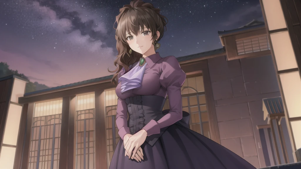 (masterpiece),(Highest quality), Ushiromiya Natsuhi, Long dress, Violet Dress,  Side Ponytail, Earrings, Purple Shirt,  Ascot, brooch, corset, Ankle boots,  stage, Japanese Temples, Mountain, forest, (night), Looking at the audience, milky way,  