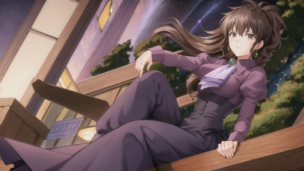 (masterpiece),(Highest quality), Ushiromiya Natsuhi, Long dress, Violet Dress,  Side Ponytail, Earrings, Purple Shirt,  Ascot, brooch, corset, Ankle boots,  stage, Japanese Temples, Mountain, forest, (night), Looking at the audience, milky way,  