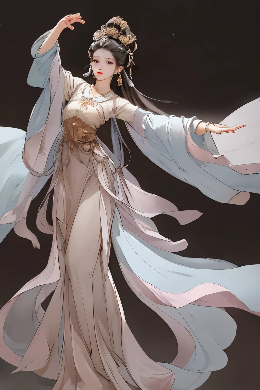 Title: "A Moment of Enchantment - The Enigmatic Maiden" (Dhnh, Solo 1 Girl)

In the captivating scene, a solitary girl stands amidst a vivid array of ethereal flowers, her silhouette sharply defined against the backdrop of a peaceful solitude. Clad in traditional Hanfu, her long sleeves flow wide, adorned with intricate embroidery that shimmers under the soft, delicate caustic light. Her black hair, adorned with hair accessories and flowers, is styled in a high bun, with a few strands cascading to frame her face.

With her mouth slightly part