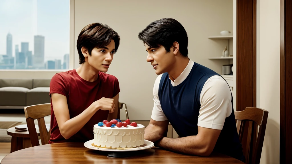 Scene of father and mother worrying about their son, scene of son bringing the cake, father and son face to face. In cartoon images
