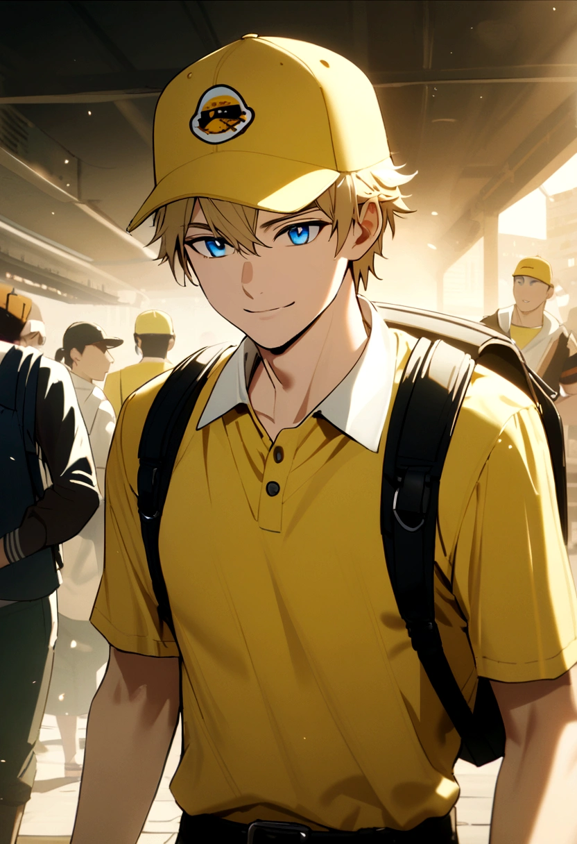 male with blond brown hair, blue eyes, smiling, wearing a yellow and white baseball cap, yellow polo shirt, white collar, black belt, black backpack