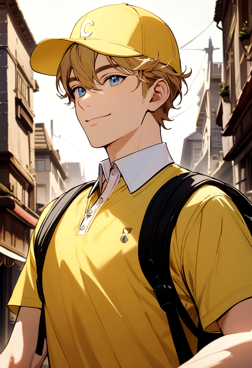 male with blond brown hair, blue eyes, smiling, wearing a yellow and white baseball cap, yellow polo shirt, white collar, black belt, black backpack