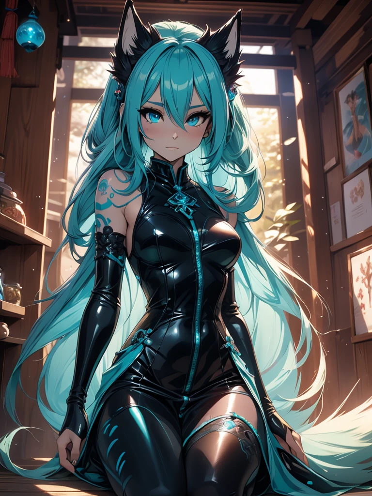 Miku Hatsune x vixen high definition add_detail:1, blue fur,kitsune ears, tribal tattoo add_detail:1, pretty girl add_detail:1, feudal priestess clothing add_detail:1, japanese shrine landscape add_detail:1, japanese shrine costume add_detail:1, add_detail:1, full body add_detail, highly detailed face, deep aqua iris add_detail:1, ninja girl,  dark aura, evil face add_detail:1
