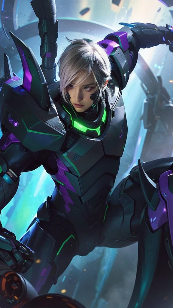 The image shows a character in a futuristic suit, with a mix of purple and black colors, surrounded by a light purple glow,Realistic.